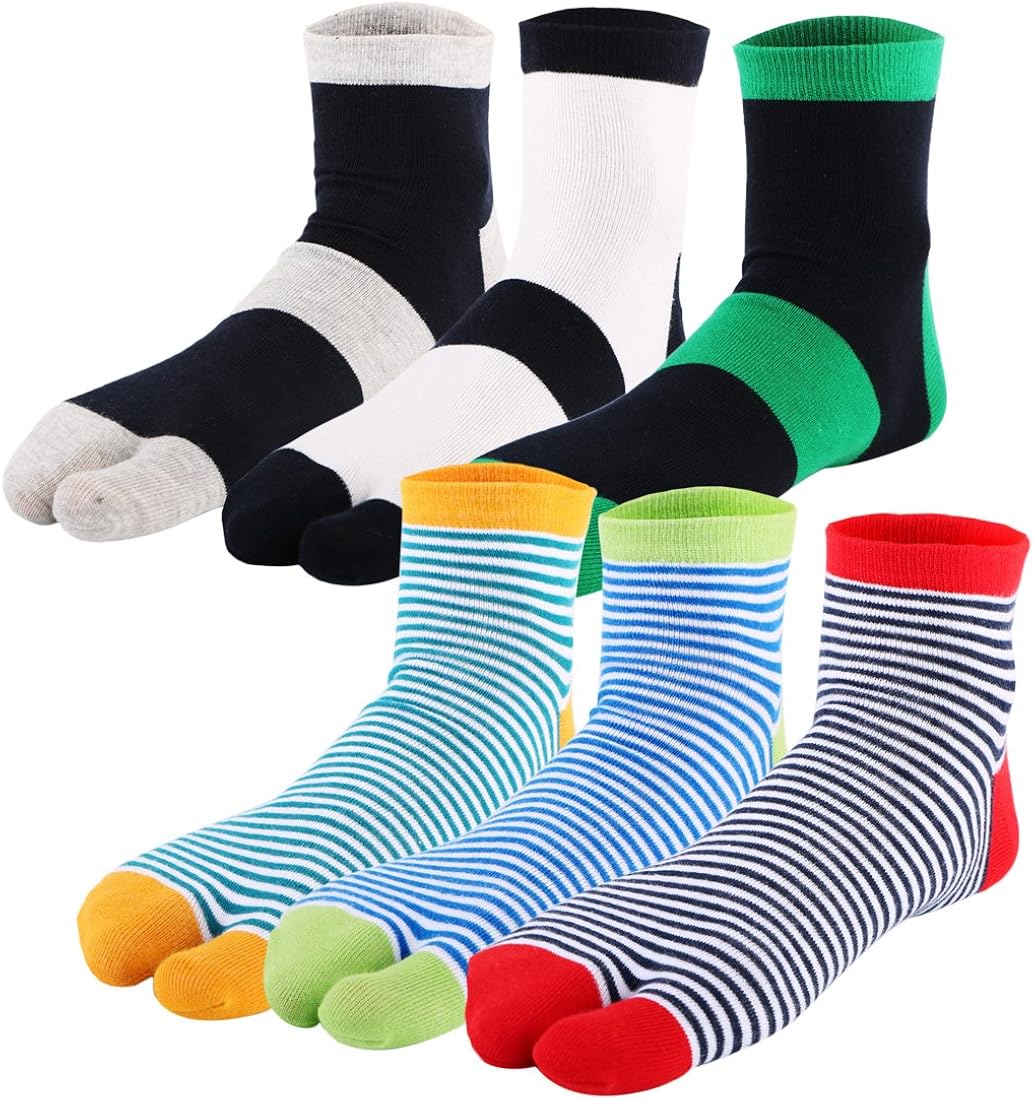 kilofly 6 Pairs Unisex Striped Flip Flop Split 2-Toe Tabi Socks Value Pack