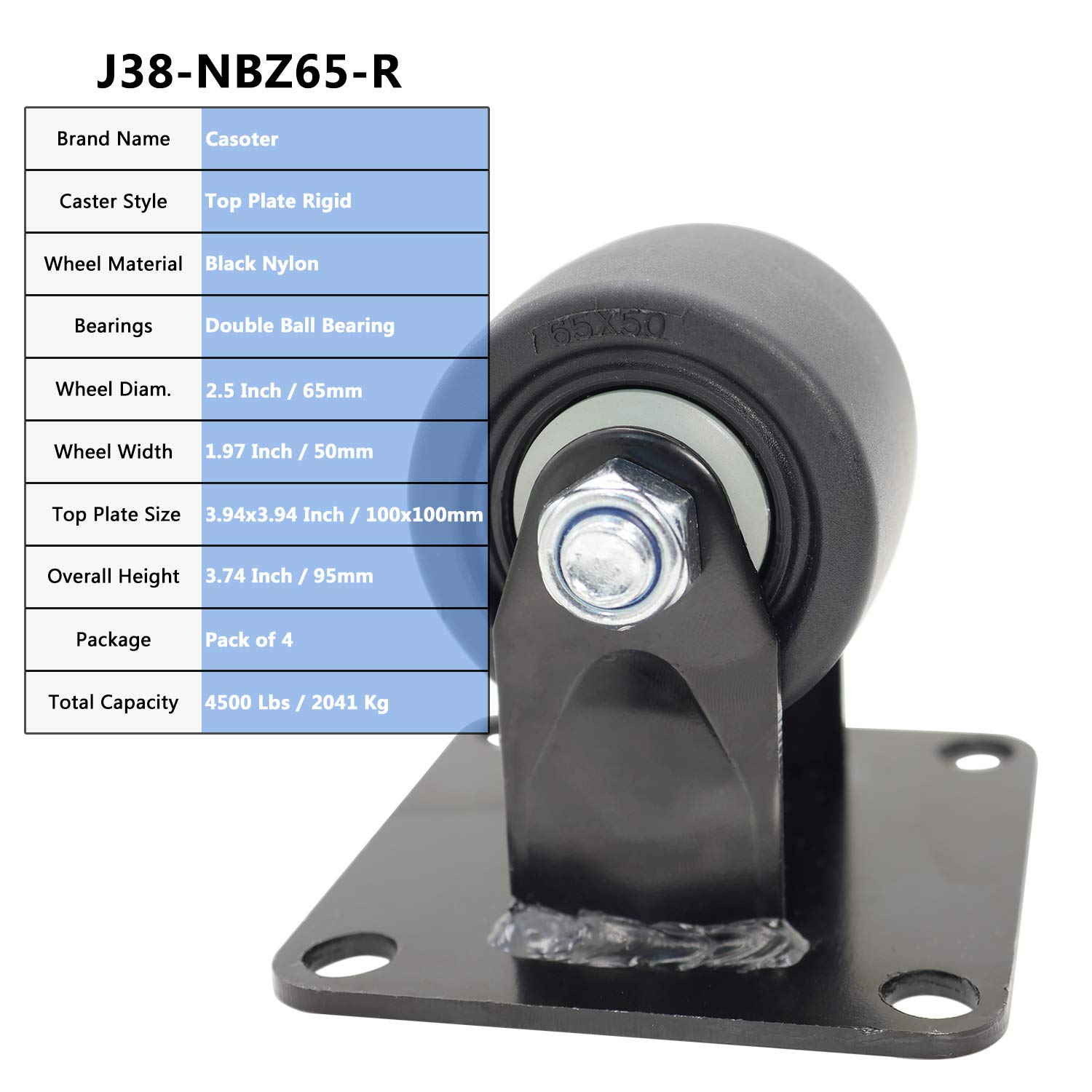 Casoter 2.5 Inch Black Low Gravity Center Nylon Caster, 50mm Extra Width Hi-Temp Nylon Wheel Top Plate Rigid w/o Brake Heavy Duty Double Ball Bearing Caster, 4500Lbs Total Load Capacity Pack of 4: Industrial & Scientific