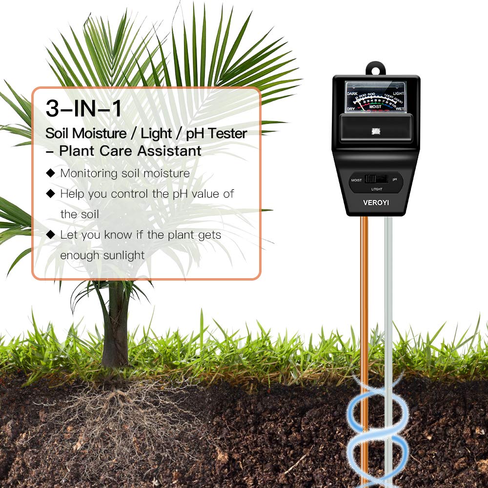 Veroyi ST04 Soil Tester, 3-in-1 Plant Soil Moisture/pH/Light Tester for Gardener (Black)