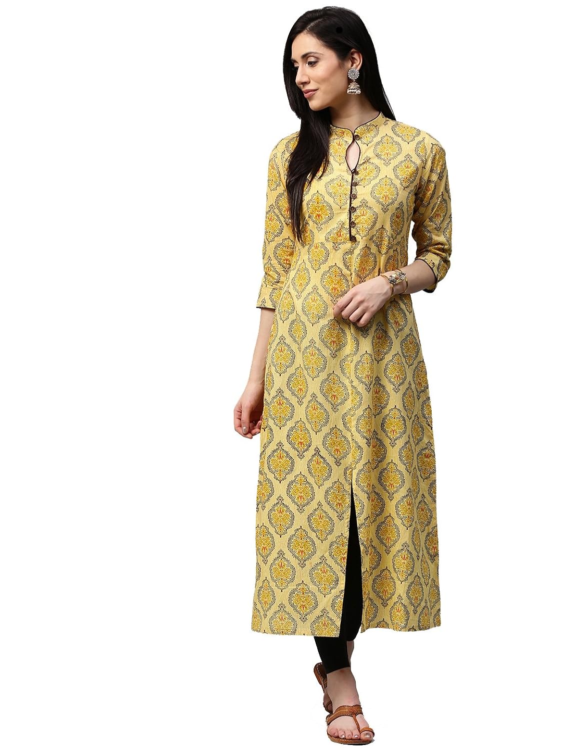 ramrath women's cotton a-line printed kurti (yellow & mustard)