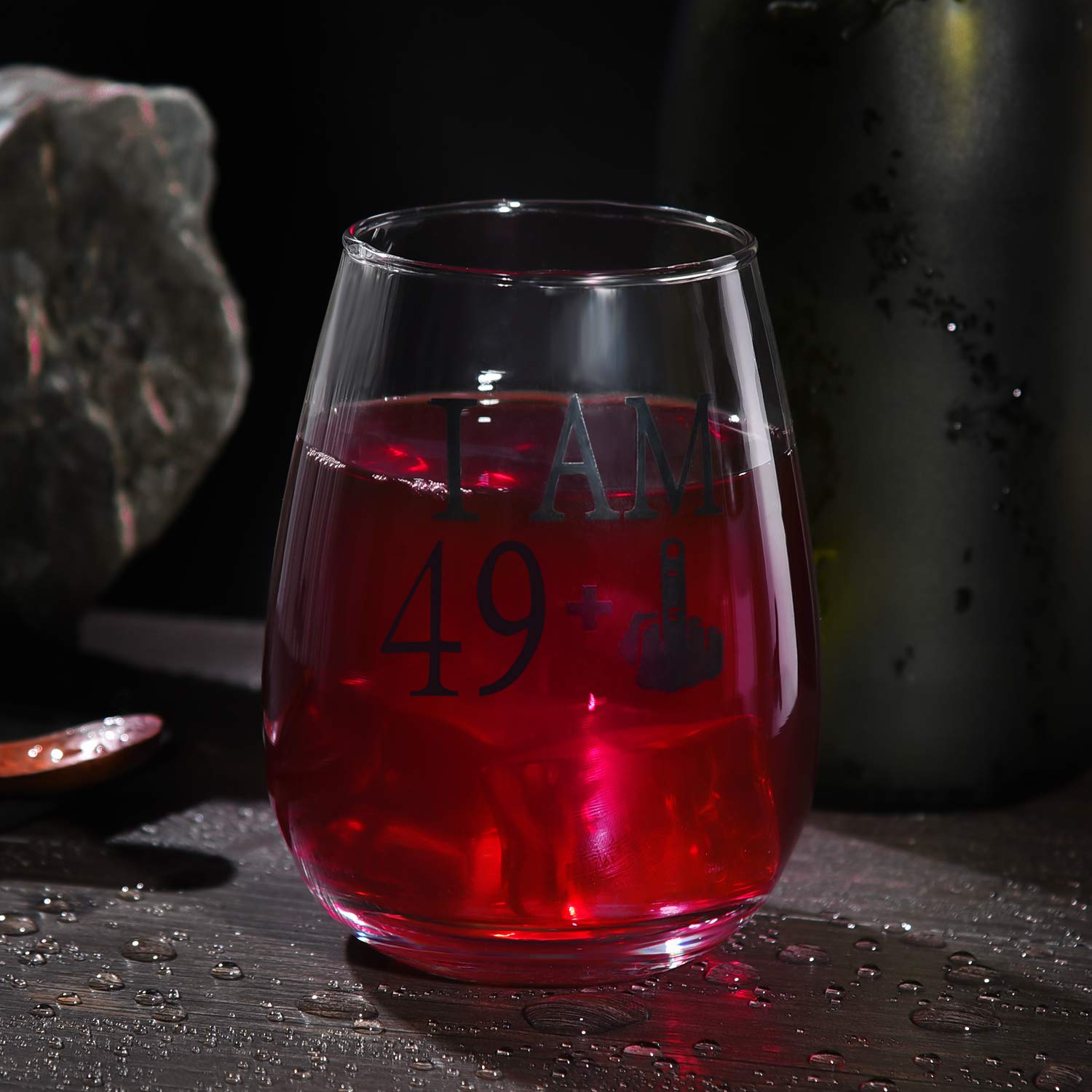 49 + One Middle Finger Stemless Wine Glass 50th Birthday Gift for Men Women Funny Turning 50 Bday Present Drinking Party Decoration, Holiday Gift for Wine Lovers,Black
