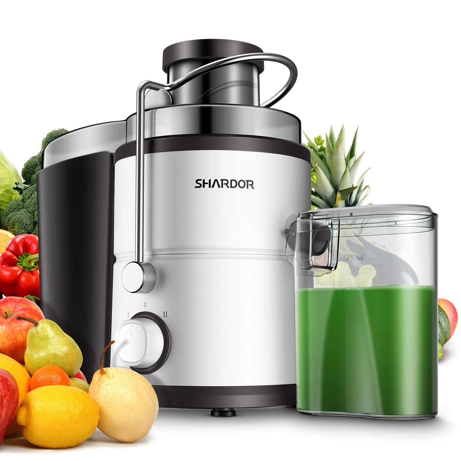SHARDOR Centrifugal Juicer, Juice Extractor with Big Mouth 3" Feed Chute, Easy Clean Juicer with 2-Speed Control, Juicer Machine for Fruits and Vegetables, Anti-drip, BPA-Free, White