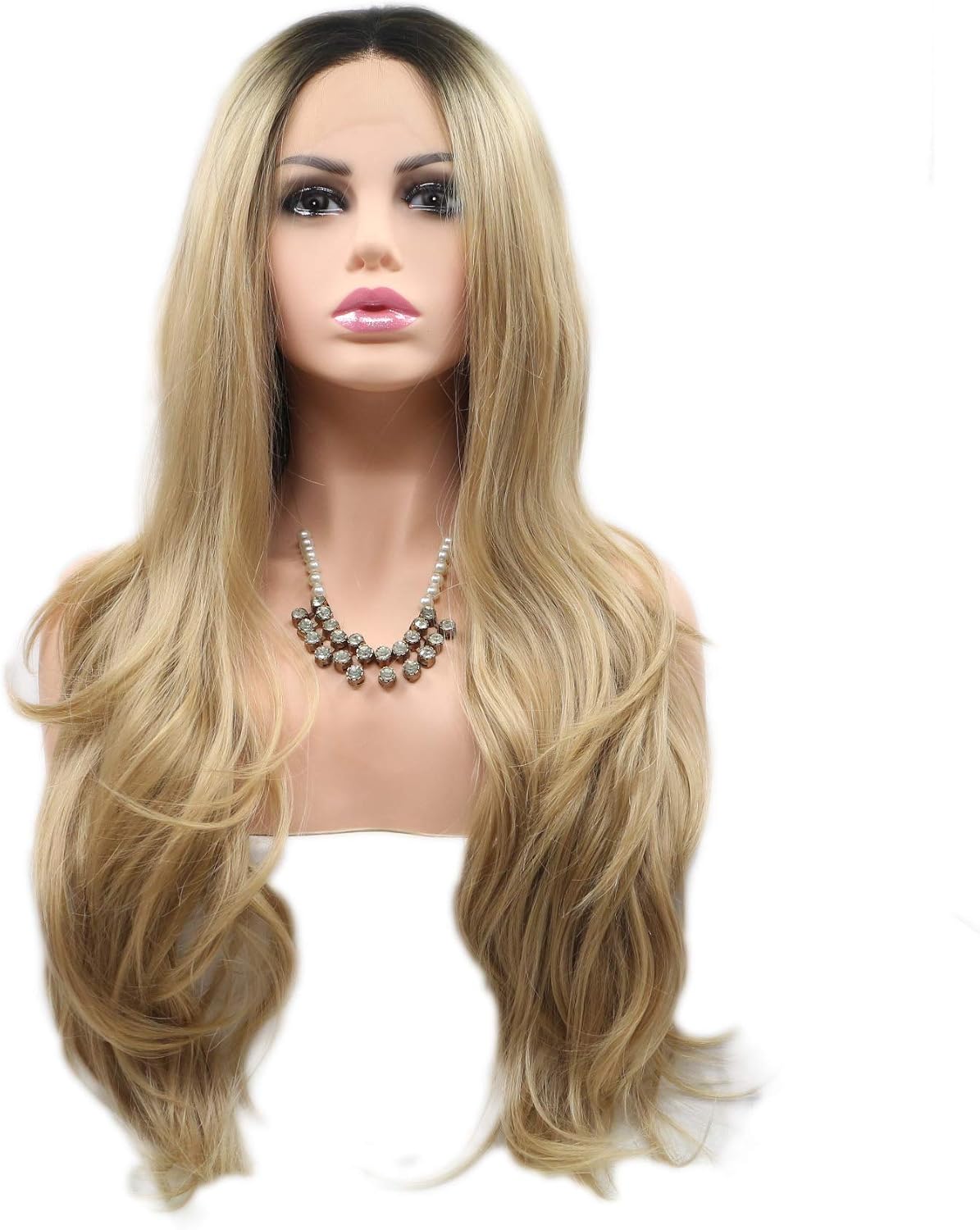 Xiweiya Long Blonde Synthetic Lace Front Wig - Wavy Side Part With Brown Root - Hair Replacement for Women Drag Queen Makeup 24inch - Image 3