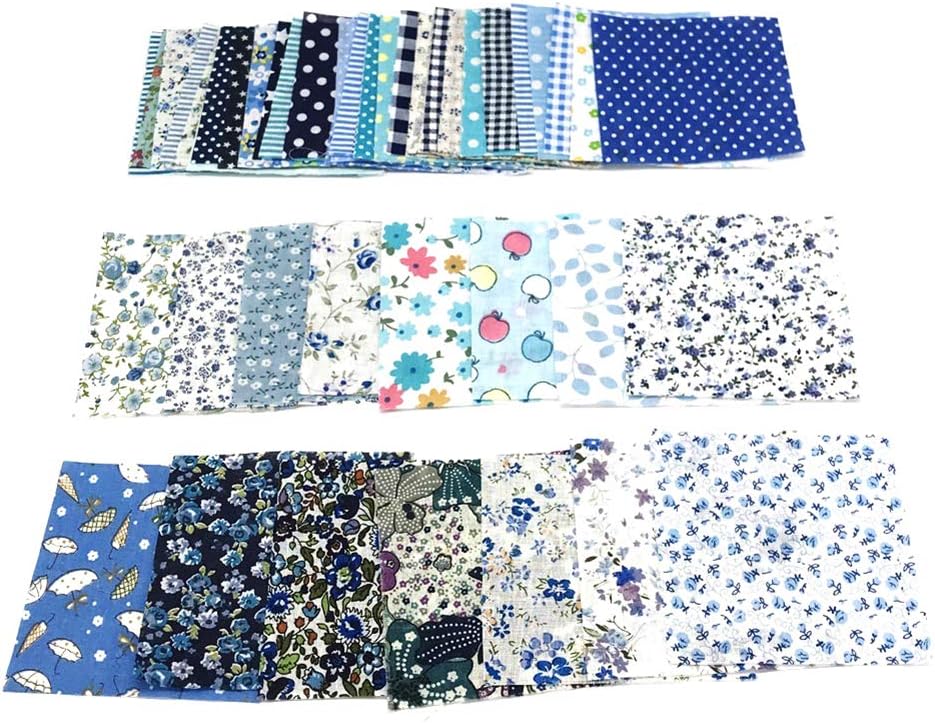 dukesong Cotton Print Bandana 50Pcs 10x10cm Floral Patchwork Cotton Fabric Plain Cloth for DIY Sewing Quilting Blue