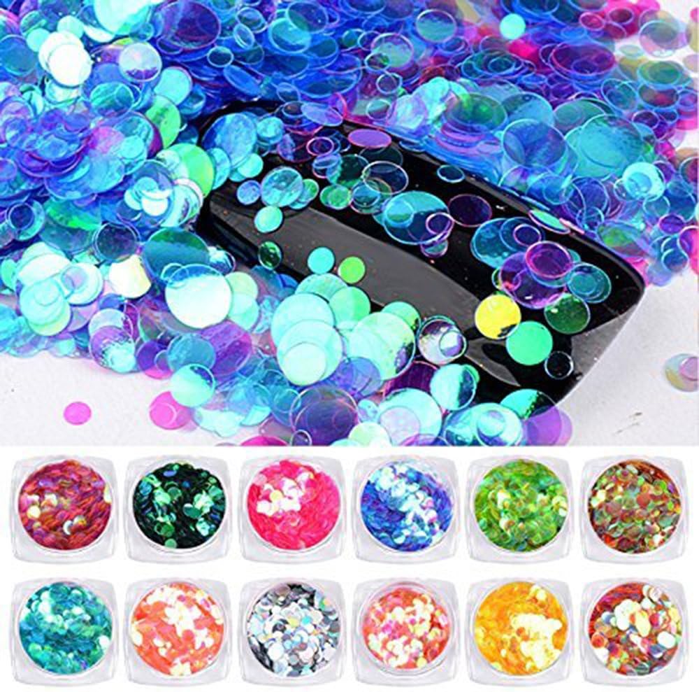 Minejin Nail Art DIY Mermaid Glitter Sequins Semi-transparent Colorful Round Paillette Shining Flakies Decoration 12 Colors