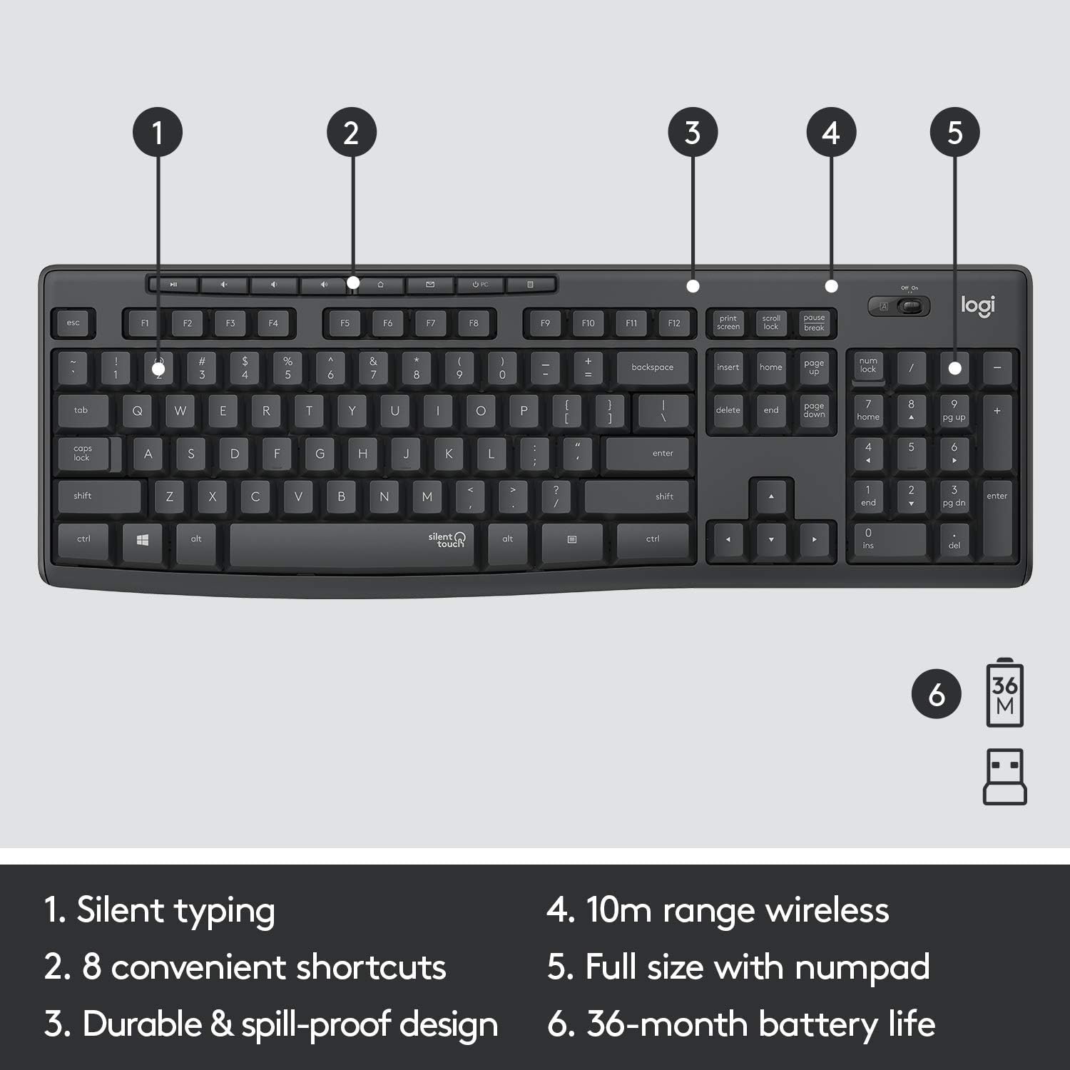 Logitech MK295 Wireless Mouse & Keyboard Combo with SilentTouch Technology, Full Numpad, Advanced Optical Tracking, Lag-Free Wireless, 90% Less Noise - Graphite: Computers & Accessories