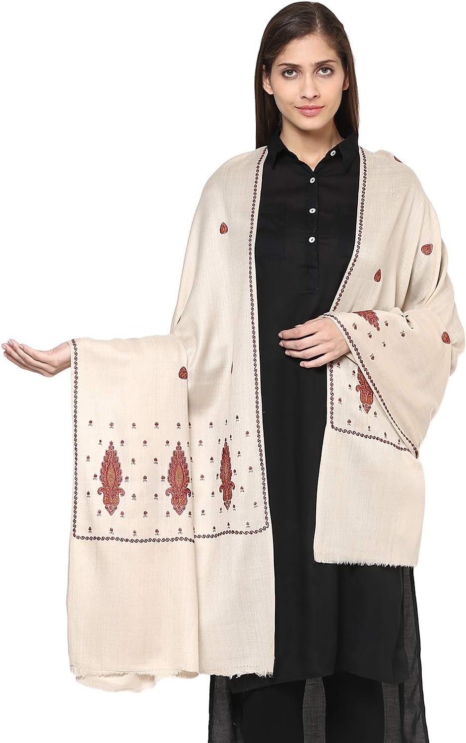 Pashtush Women's Wool Shawl with Kashmiri Sozni Embroidery, Kashmiri Shawl Needlework Embroidery