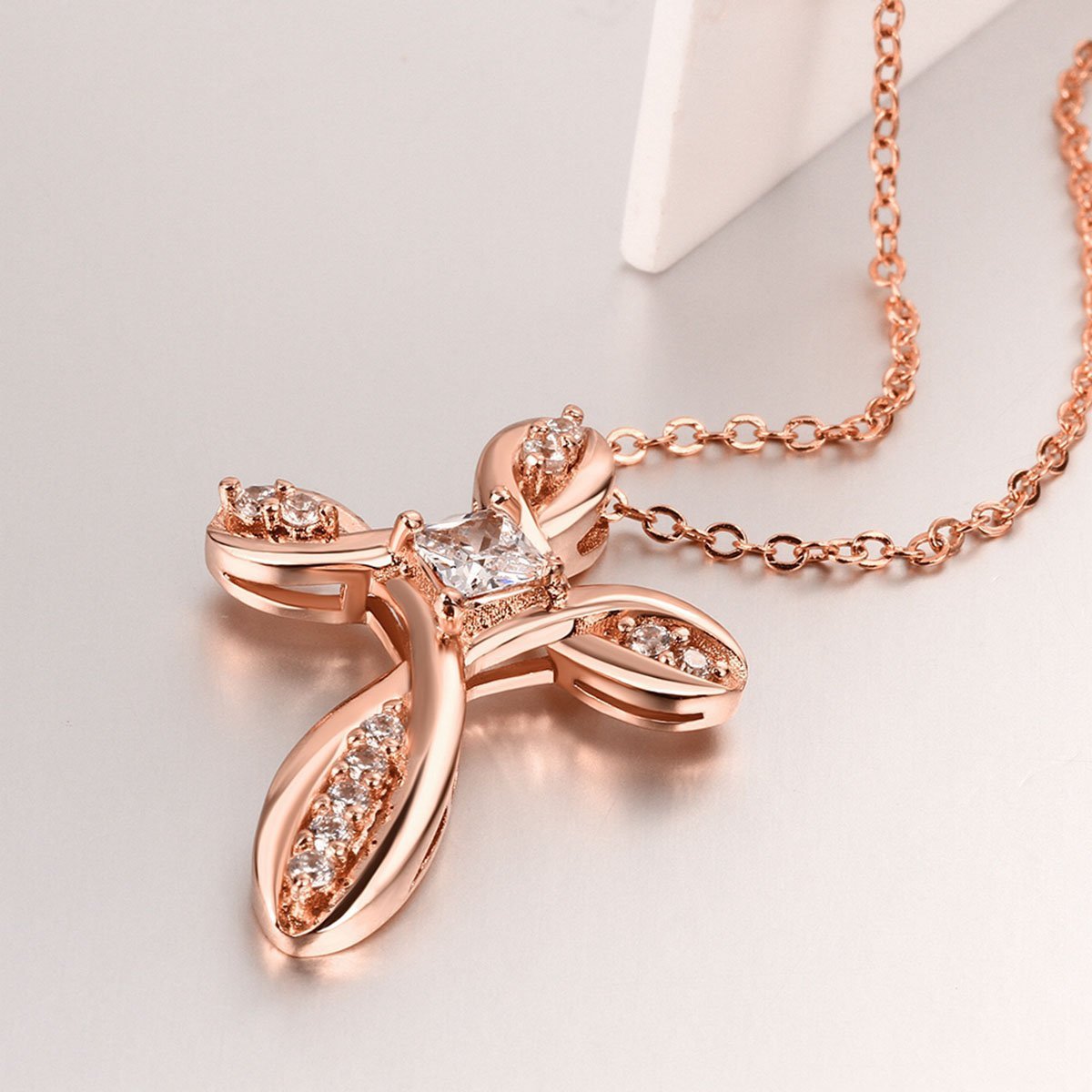 Rose Gold Cross Pendant Necklace for Women Infinity Zircon Crystal Jewelry