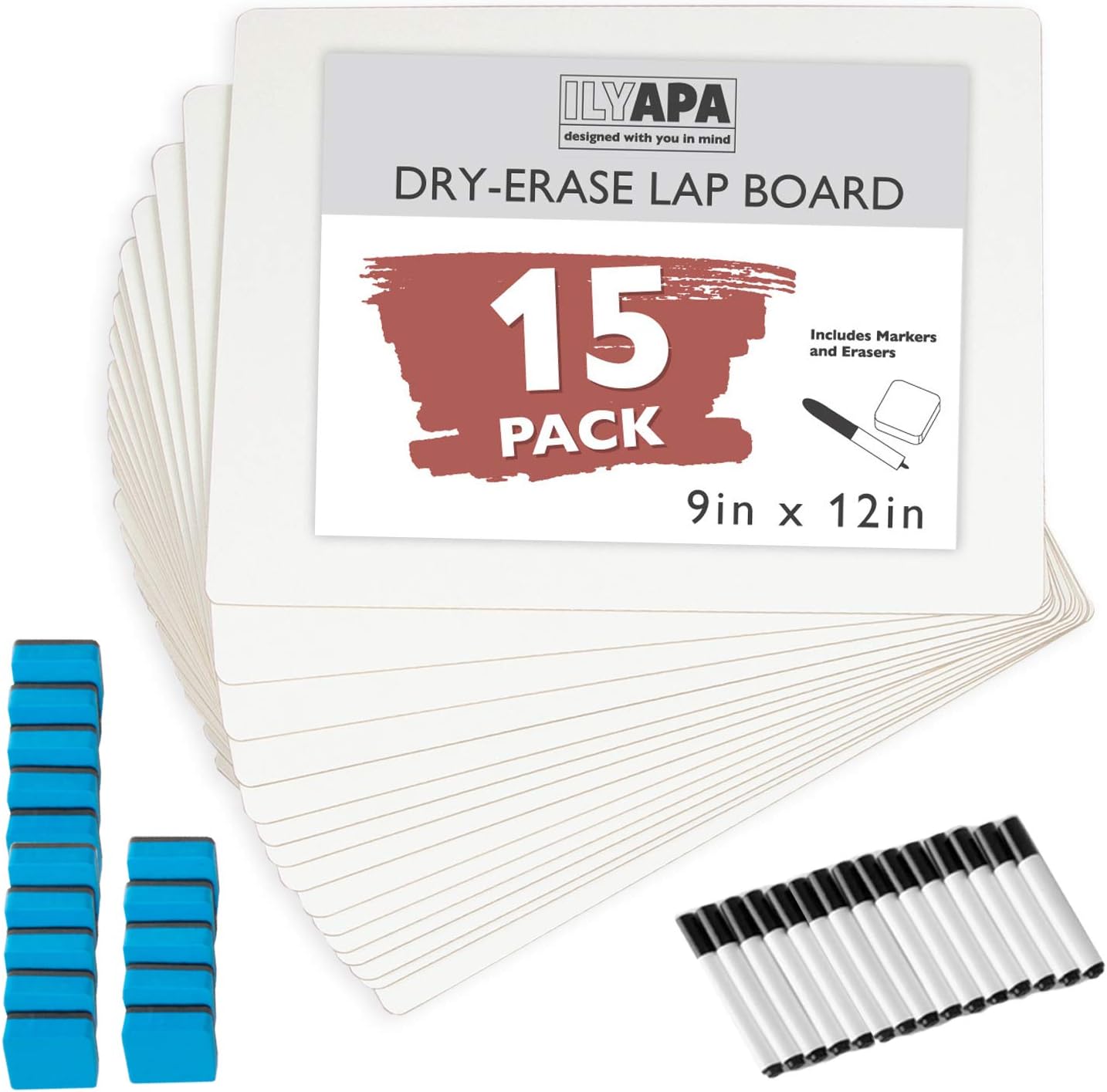 Dry Erase Lapboards Whiteboard with Erasers & Markers - Pack of 15-9x12 White Board Lap Boards for Classroom, Teachers, Students, Children