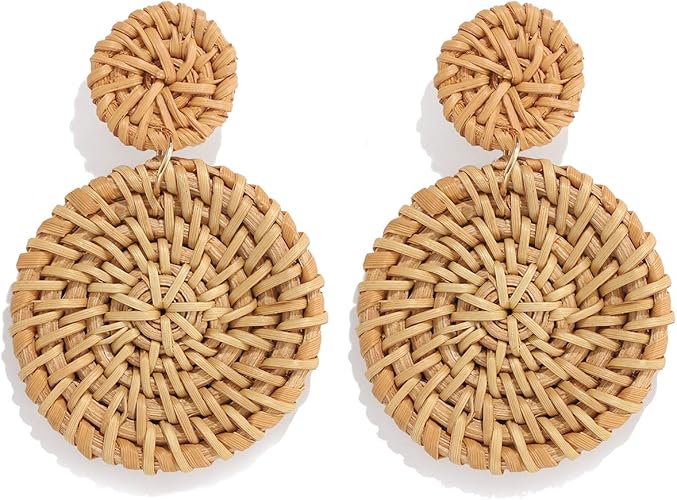 Weave Straw Double Disc Drop Earrings