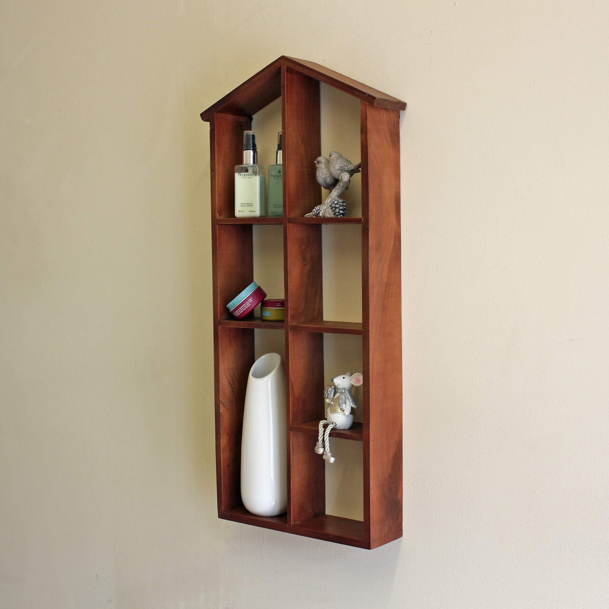 Ablerhome Decoration Rustic Wooden House Shape Pigeon Hole Shelf Storage Wall Shelves Display Nursery Unit Cube New (Rustic Brown)