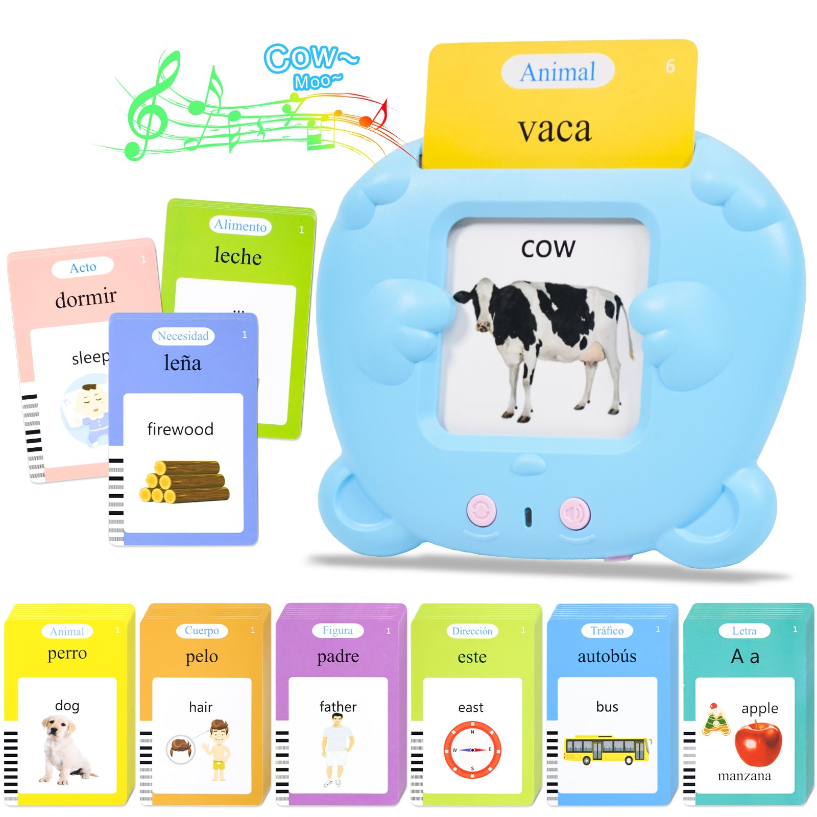 Elezeal Card Early Education Device, Bilingual Talking Flash Cards, Preschool Learning Reading Toys with Teaching Model, Kids Vocabulary training for 3+ Year Old Baby Boys Girls (Spanish + English)