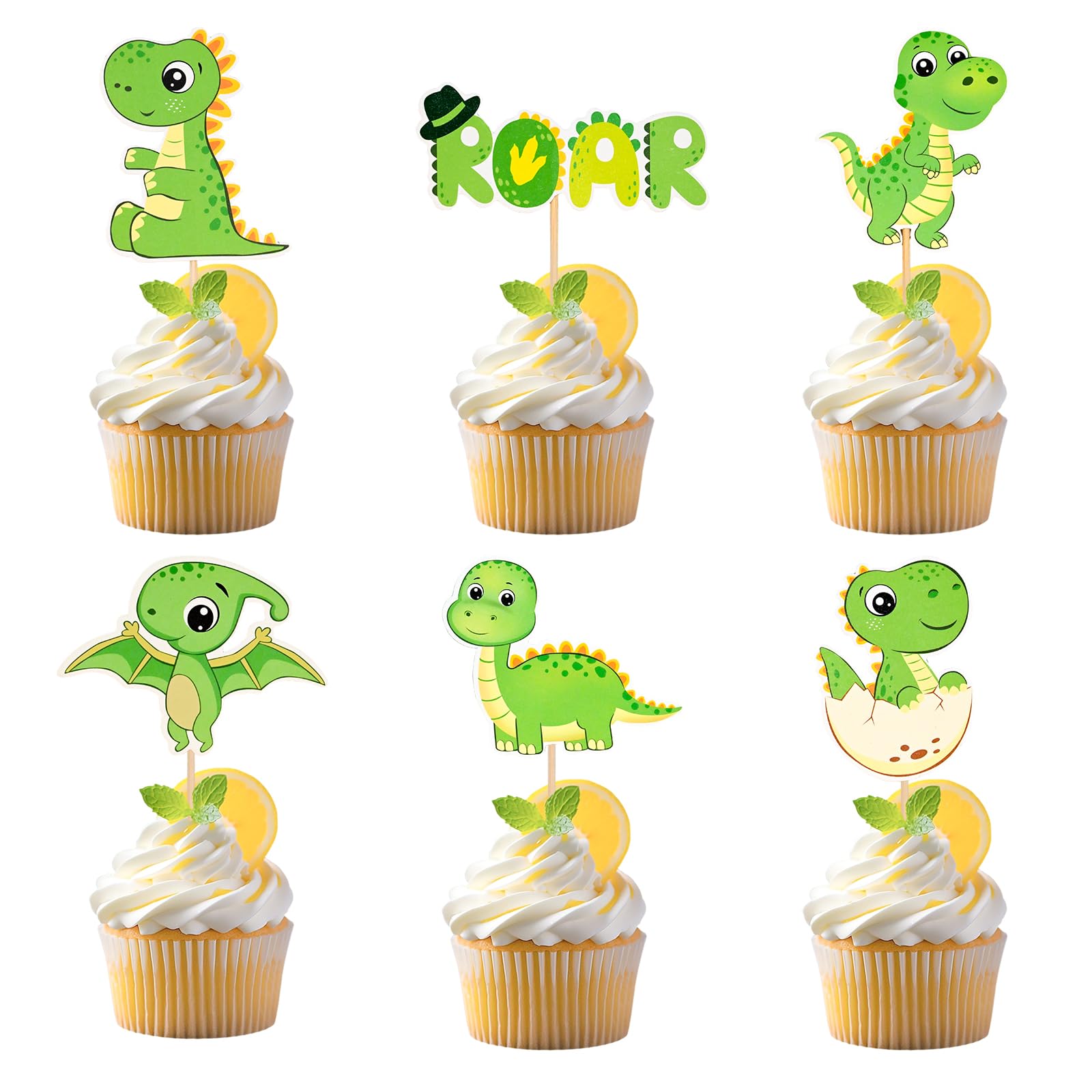 Photo 1 of 24 PCS Dinosaur Cupcake Toppers, Dinosaur Cake Toppers Decorations Dino Cupcake Picks Party Supplies for Kids Dinosaur Theme Birthday Party Baby Shower (Dino Cupcake Toppers) (Green)