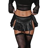 Floerns Women's Low Rise Leather Mini Skirt Slit Pleated Hem Rave Outfit Skirts