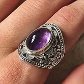 Jewelry Making Supplies LRESJJIUJ Amethyst Stone Ring 925 Sterling Silver Hand Carved Border Flower Ring Oval gem Cut Single Stone Ring Eternal Anniversary Wedding Ring Women's Ring(Size 8)