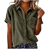 Sinzelimin Women's Corduroy Shirts Fashion Solid Button Down Lapel Short Sleeves Dressy Casual Shirt Loose Comfy Blouse Tops