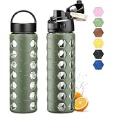 MUKOKO 24 oz Glass Water Bottle with 2 Lids, Olive, 1 Pack | Borosilicate Glass Tumbler with Straw, Silicone Sleeve, Leak Proof, Reusable Drinking Bottles, for Sports Gym Travel