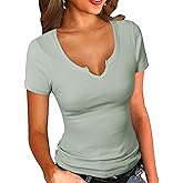 PALINDA Women's Notch V Scoop Neck Ribbed Fitted Shirt Basic Short Sleeves Tee Shirt Top