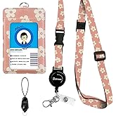 bolimoss Cute Leather Badge Holder and Adjustable Retractable Lanyards, Quick Release Buckle and Safety Breakaway Lanyards with Swivel Metal Clasp for Offices, Teacher, Student (Pink Groovy Flowers)