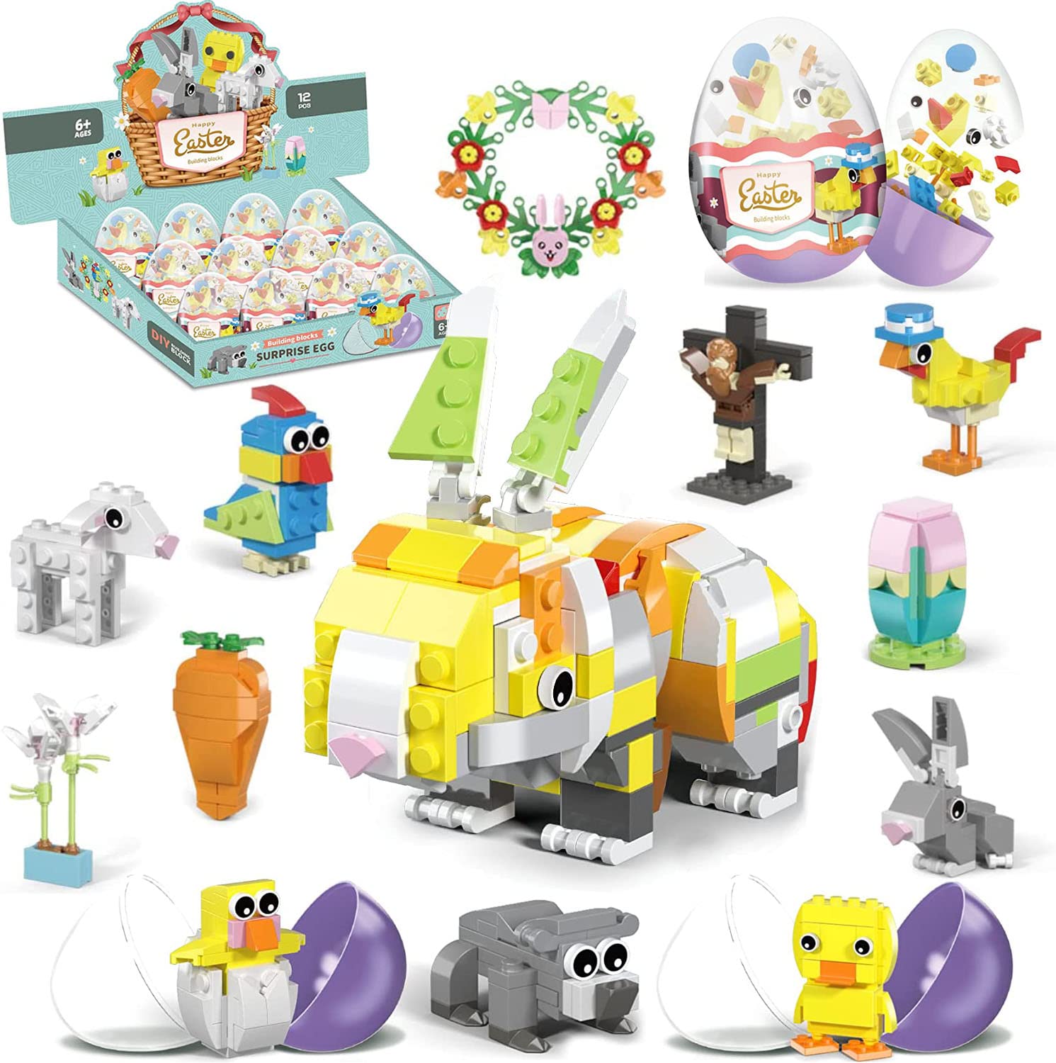 Oneser 12Pcs Easter Egg Fillers Building Kits, Easter Rabbit 12 in 1 Building Blocks Set, Easter Bricks Gift Easter Egg Fillers, Easter Basket Stuffers, Easter Party Favors Decoration