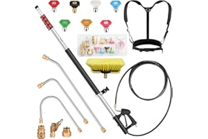 DAIMOT 24 FT Gutter Cleaning Tools from The Ground - Telescoping Pressure Washer Wand - Gutter Cleaner Attachment with Power Washer Extension Wands, Brush, 7 Spray Nozzle Tips, 3 Hose Adapters, Support Belt