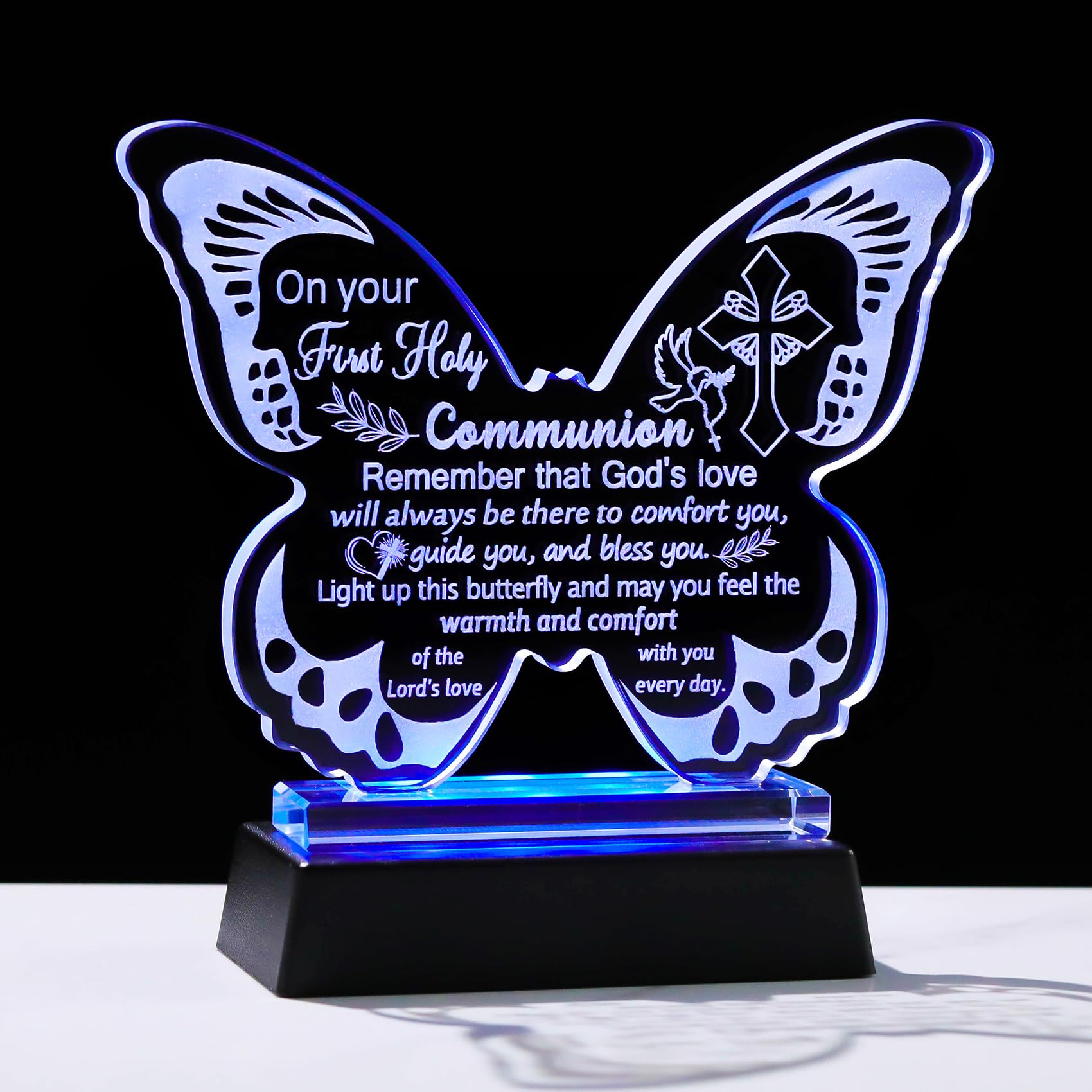 Crystal First Holy Communion Gifts for Girls Christening Engraved Butterfly Statue for Daughter with LED Light Base Baptism Keepsakes for Granddaughter