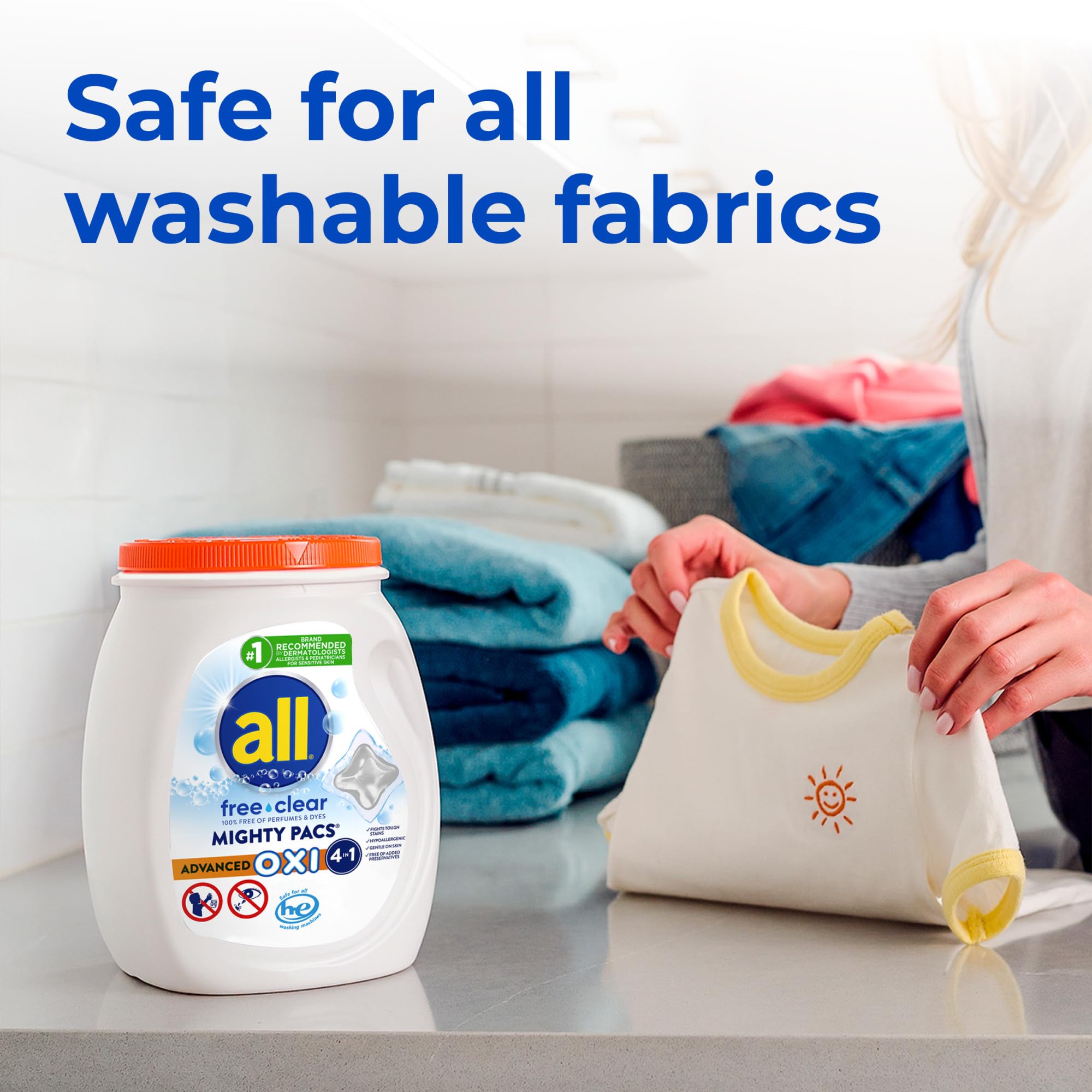 all Laundry Detergent Pacs, Mighty Pacs with OXI Stain Removers and Whiteners, Free Clear, Unscented and Dye Free, 56 Count