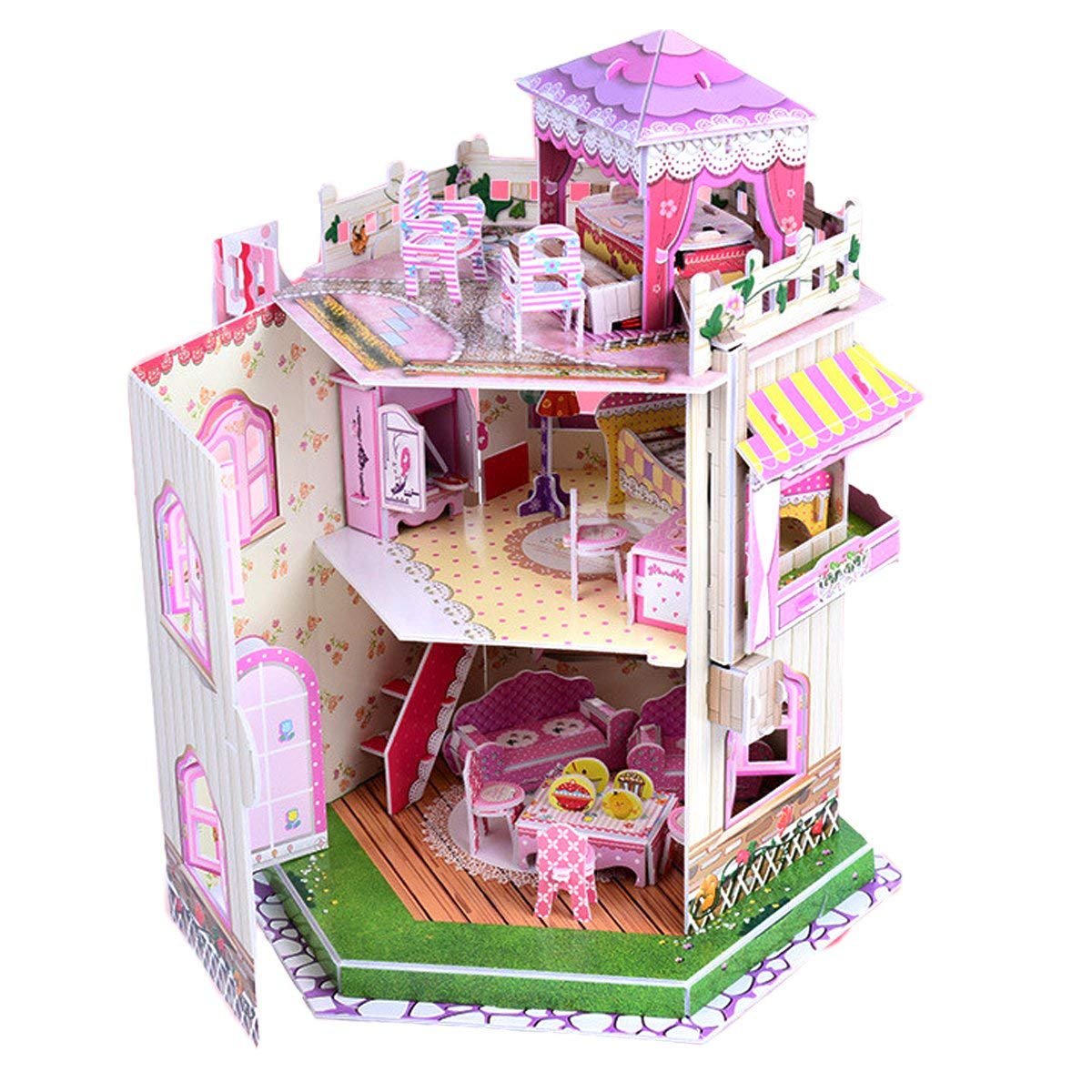 Photo 1 of Rooftop Romance 3D Puzzle Dollhouse for Girls - Easy to Assemble 3-D Miniature Doll House Building Kit with LED Light for Kids - Educational Paper Jigsaw Puzzles - Perfect Craft Toys Gift - 101 Pcs