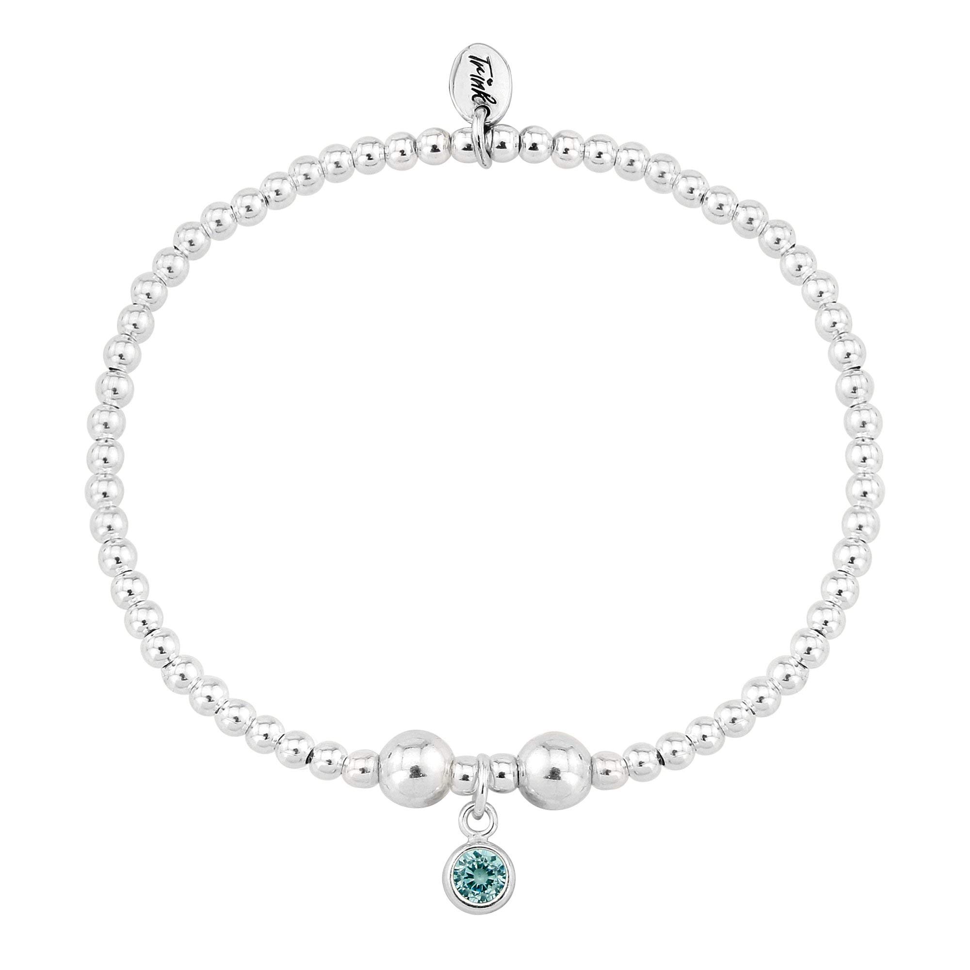 TRINK Brand Sterling Silver Beaded Birthstone Bracelet for March Aquamarine CZ