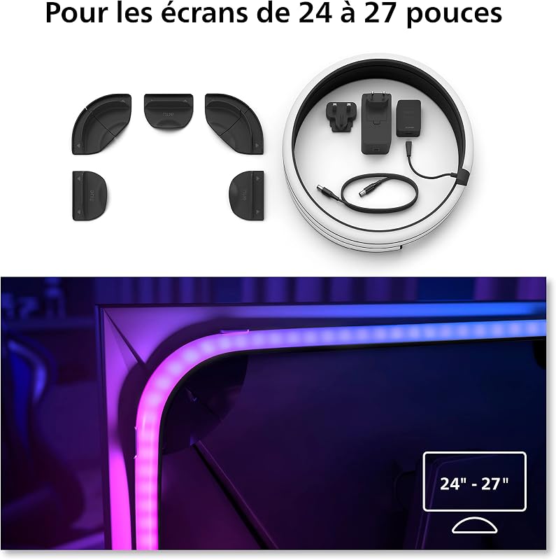 White and Color, Lightstrip Hue Play gradient PC pour écran 24-27 pouces, synchronisation de la lumière avec le jeu avec Hue Sync, fonctionne avec Alexa, Google Assistant et Apple Homekit