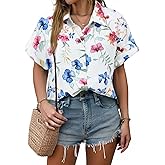 ASTANFY Women Button Down Shirt Hawaiian Floral Shirts Summer Vacation Blouses Casual Work Tops
