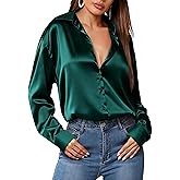 HOTOUCH Women Satin Silk Button Down Shirt Ladies Long Sleeve Tops V Neck Loose Blouse Dressy Business Casual Work Tunic Fall