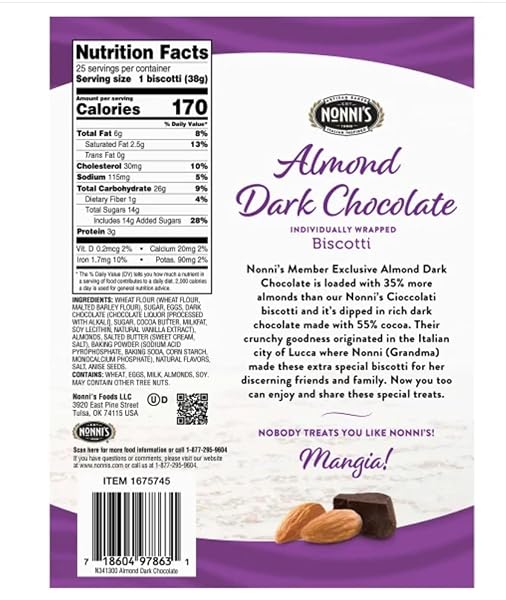 NONNI’S ALMOND DARK CHOCOLATE BISCOTTI: 25 COUNT, 2LB,1.25 OZ (943 G)