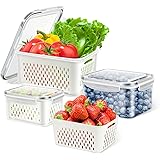 TBMax Fresh Produce Storage Containers with Strainers, 3 Pieces Vegetable Fruit Storage Container, BPA-Free Fridge Organizers
