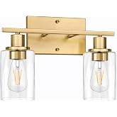 ShineTech 2-Light Bathroom Vanity Light, Brushed Brass Modern Wall Sconce | Clear Glass, Rust-Resistant, 60W Max, E26 Base, Solid Metal, Up/Down Mounting, Dimmer Switch Compatible, Easy Installation