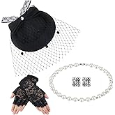 Bencailor 50s Fascinator Hat for Women Funeral Veil Hats Set Mesh Headpiece and Lace Glove Necklace Earring for Tea Party Cocktail
