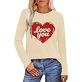 TUPOSU Womens Valentines Day Shirt Valentines Heart T-Shirts Love You Long Sleeves Tee Top
