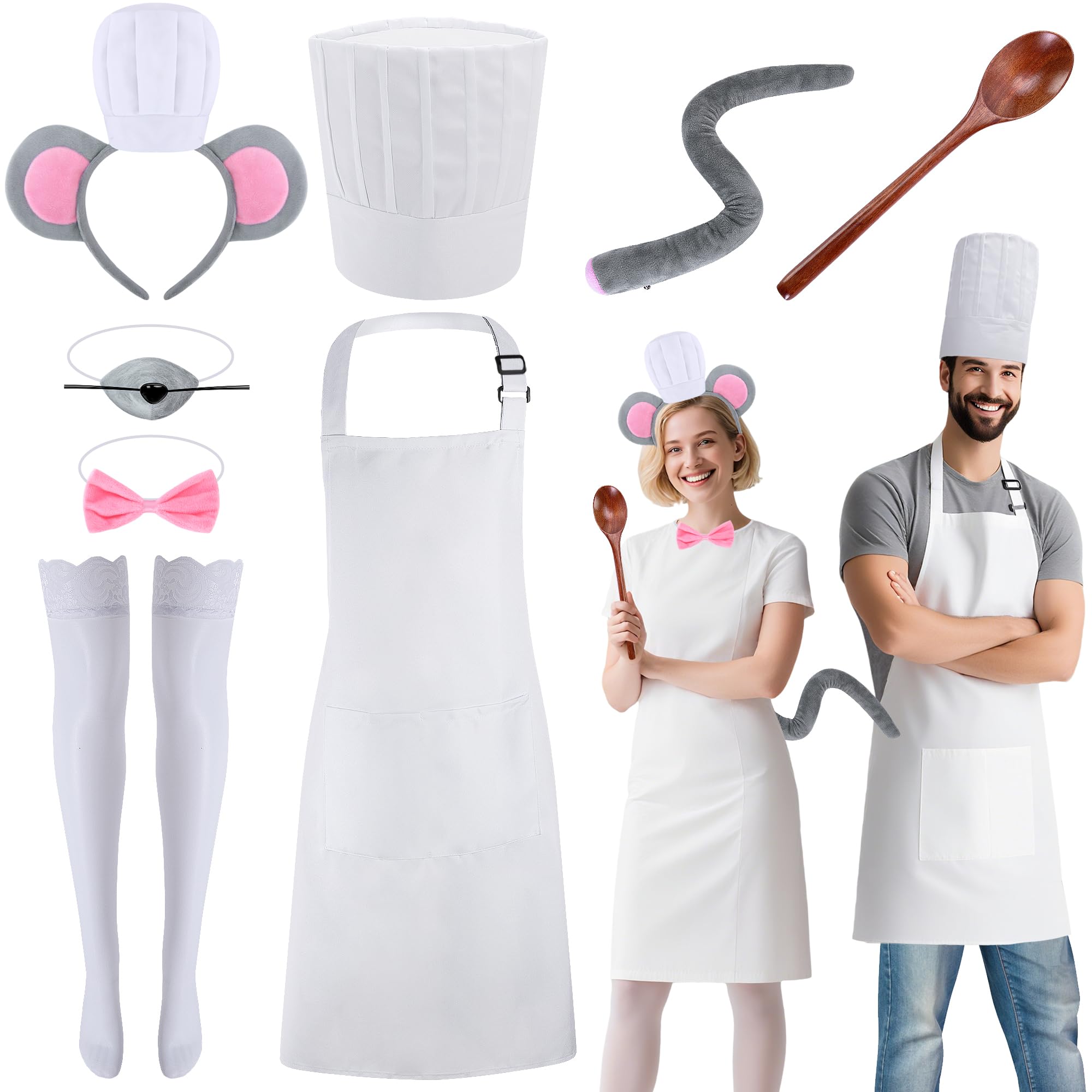 Photo 1 of 8 Pcs Halloween Couple Chef Mouse Costume Set, Cartoon Rat and Chef Couple Cosplay Costume, Mouse Ear Headband Nose Tail Bowtie Cook Hat Apron Spoon Silk Stockings for Adult Halloween Dress Up Party