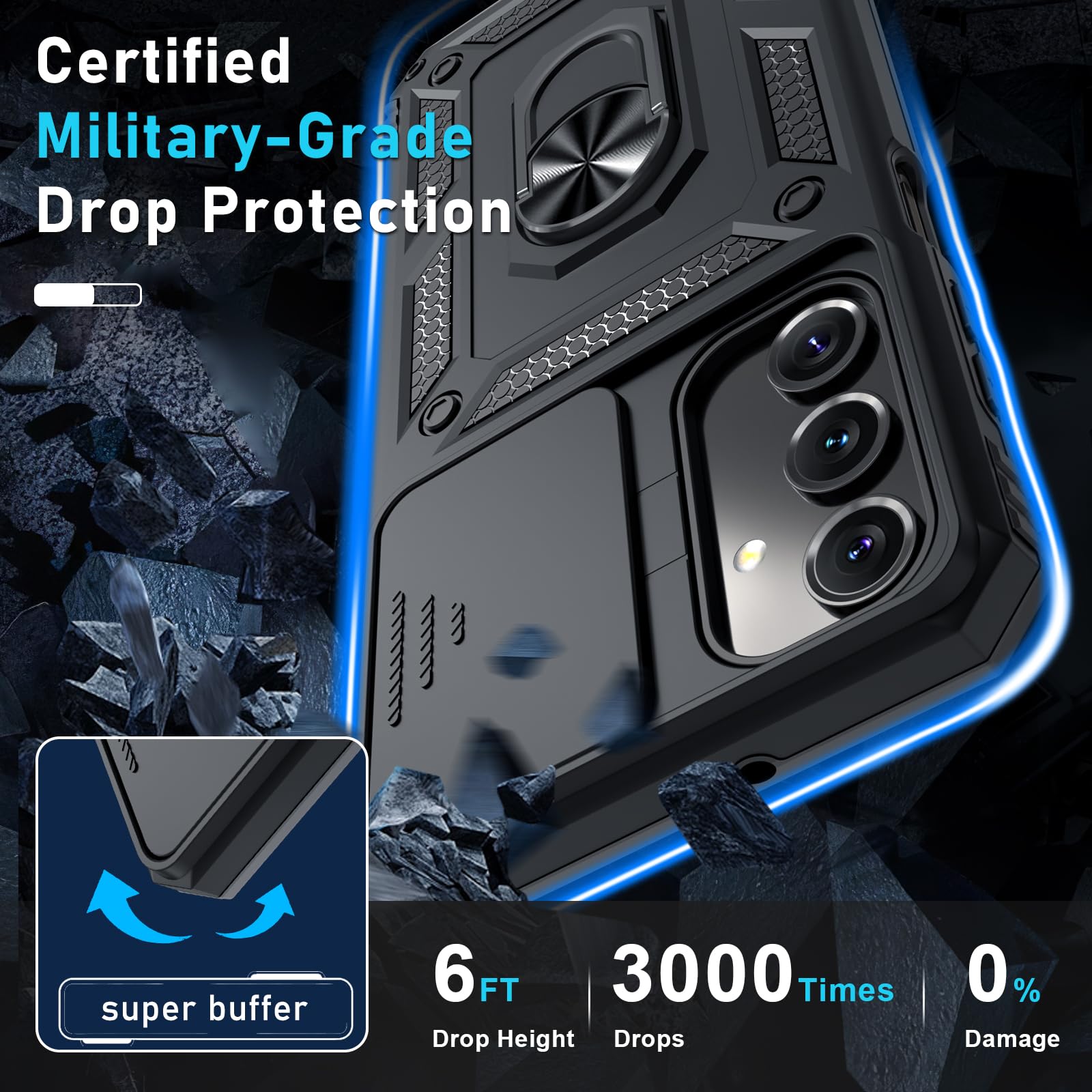 Janmitta Compatible with Samsung Galaxy A16 5G/4G Case Built in Slide Camera Lens Cover+Screen Protector+Finger Ring Holder Kickstand,Heavy Duty Shockproof Full Body Phone Cover,2025 Black