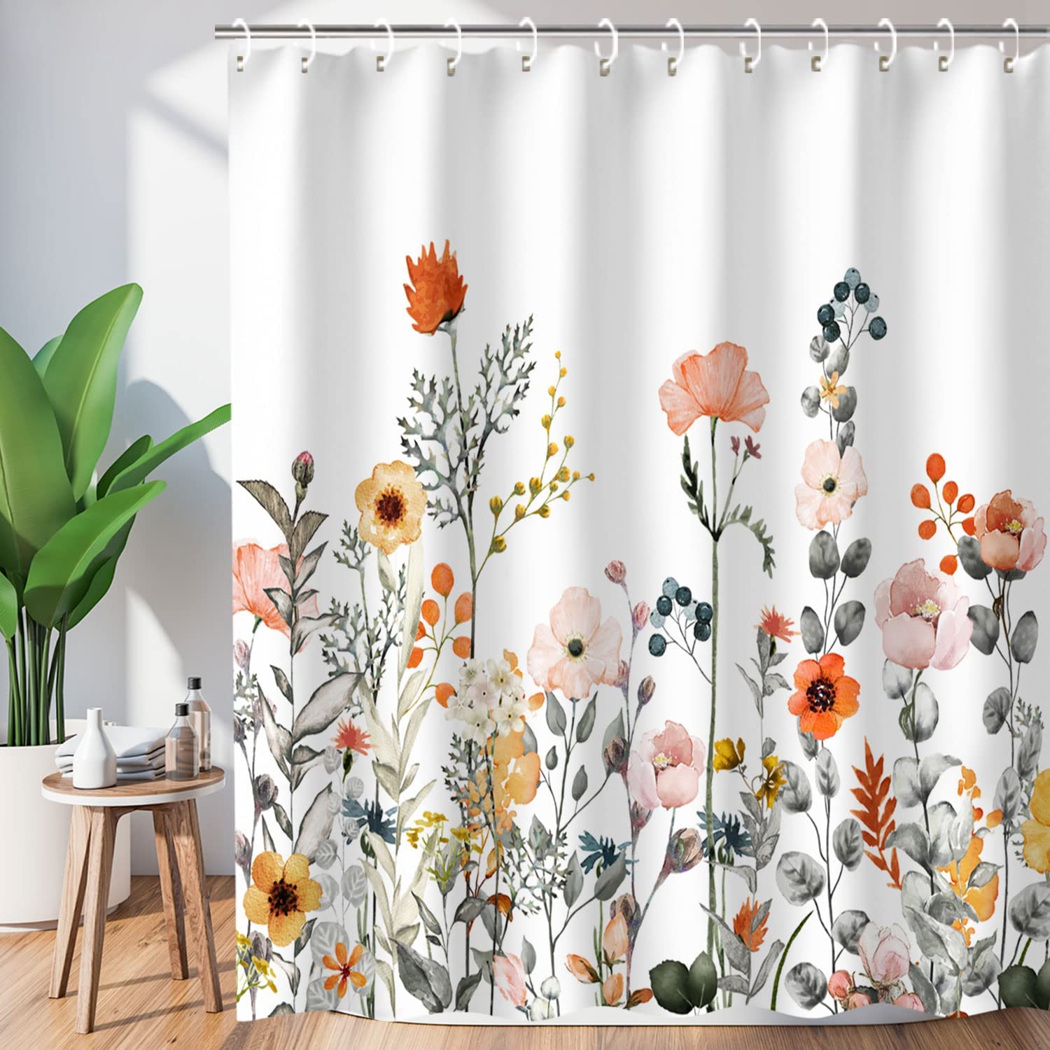 FLCSIed Floral Shower Curtain, Flower Fabric Cloth Shower Curtains for Rustic Vintage Bathroom Decor, Plant Shower Curtains with Watercolor Chic Cosmos, 72" W x 72" H (Floral)