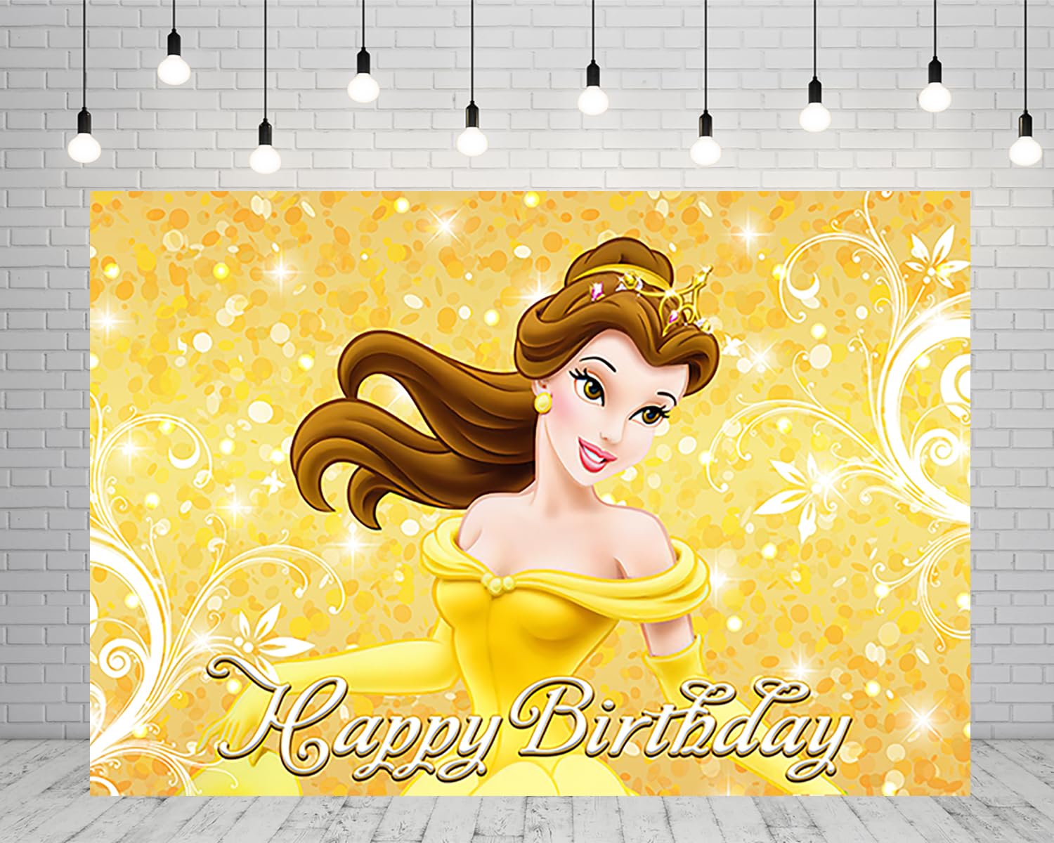 Photo 1 of Yellow Princess Backdrop Birthday Party Supplies 5x3ft Beauty and The Beast Photo Backgrounds Princess Belle Theme Baby Shower Banner for Birthday Cake Table Decoration WAN6576E