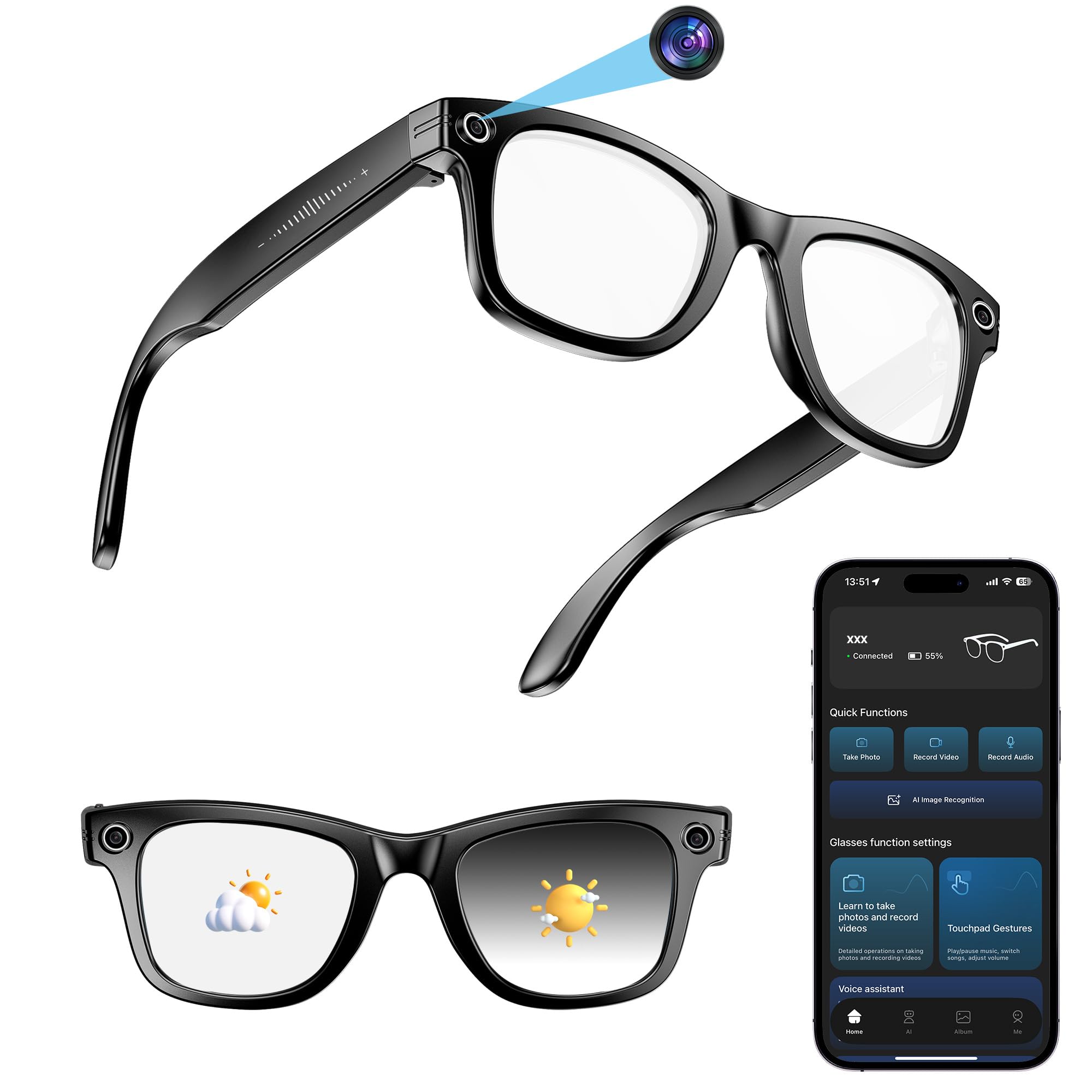 Photo 1 of Yowow BIT AI Smart Camera Glasses with 4K Ultra-Wide Anti-Shake Camera, HD 1080P Videos, Vlog Recording, AI Translation, AI Voice Assistant