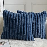 MANDIOO Pack of 2 Decorative Throw Pillow Covers Faux Fur Striped Plush Soft Cushion Covers Pillow Cases Bedroom Living Room Sofa Home 16x16 Inch Blue
