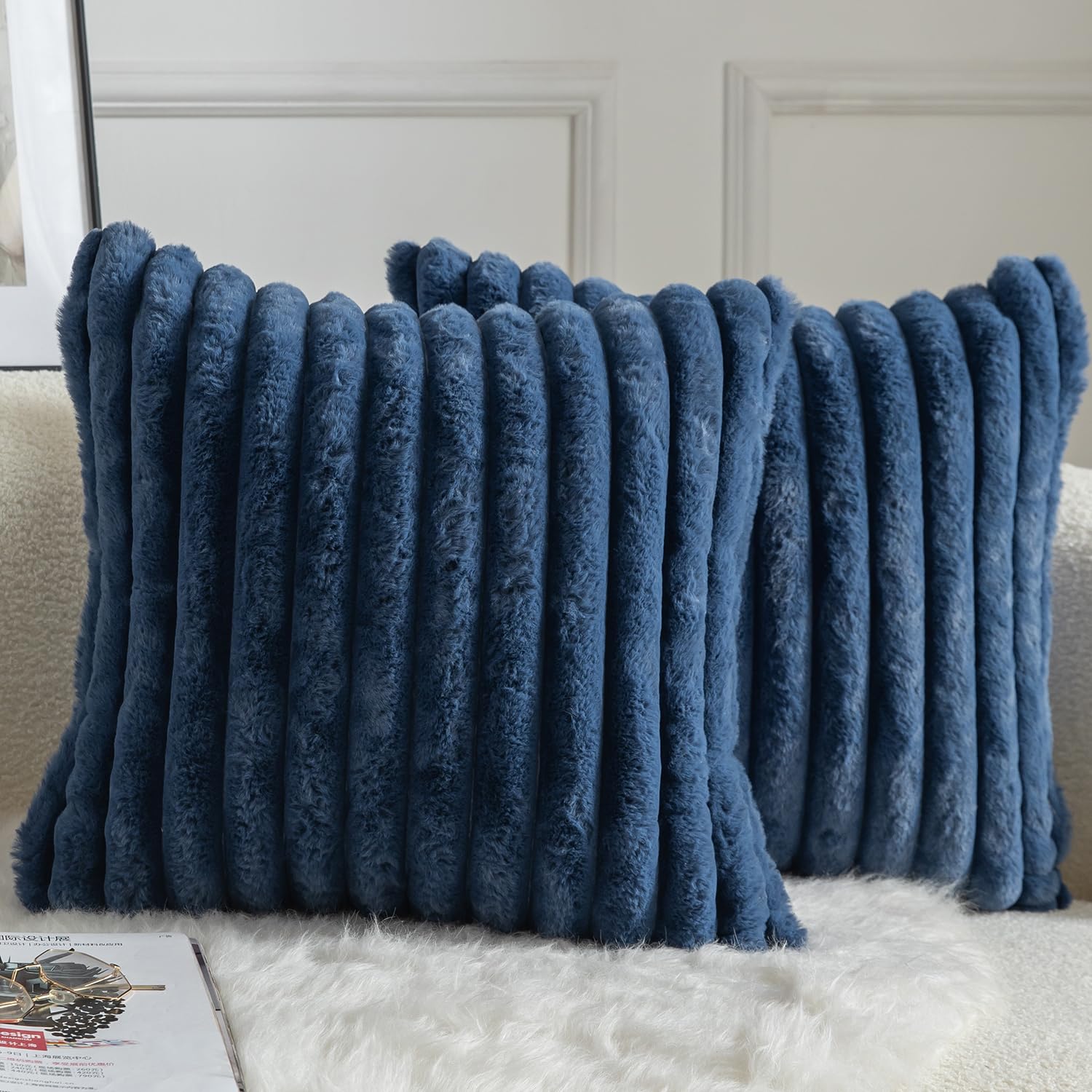 Mandioo Pack of 2 Decorative Cushion Covers 30cm x 50cm Faux Fur Striped Plush Soft Throw Pillow Covers Pillow Cases Bedroom Living Room Sofa Home 24x24 Inch Blue