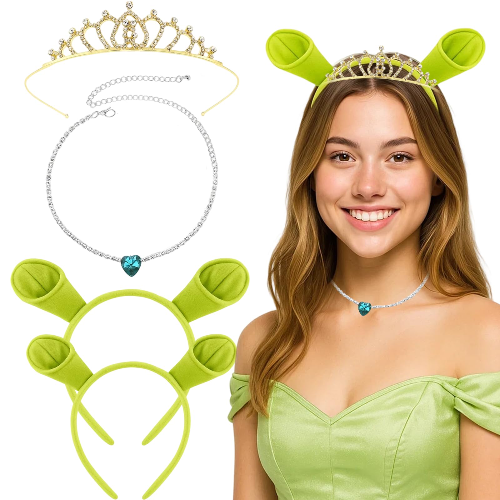 XazNvc Green Headband,World Book Day Costumes,4 Pcs Cute Ears Headbands Set with Crown and Necklace,Carnival Costume for Cosplay Fancy Dress and Themed Parties for Ages 15 and Above