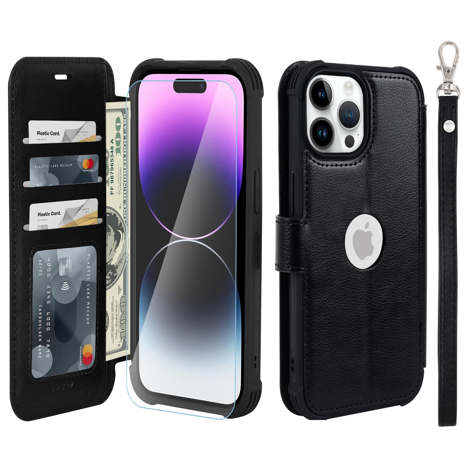 Photo 1 of VANAVAGY Compatible for iPhone 14 Pro Max Wallet Case for Women Men, PU Leather Flip Cover with Wrist Strap for Wireless Charging with RFID Blocking Card Holder Screen Protector,Black
