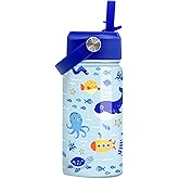 SANDJEST Kids Water Bottle with Straw Lid - 12 Oz Insulated Stainless Steel Ocean Water Bottles for Kid Boys - Travel Cup for School Sports