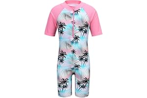 TFJH E Short Sleeve Girls Swimsuits UV 50+ One Pieces Bathing Suits Zipper 2-14Y