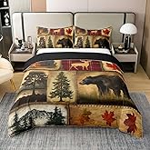 Rustic Farmhouse 100% Cotton Duvet Cover King, Retro Cabin Lodge Bedding Set, Hunting Bear Deer Comforter Cover, Country Maple Leaves Bed Set, Rustic Woodland Pine Tree Quilt Cover, Red Brown, 3Pcs