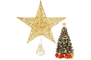 HOSLIPOPER Glittered Christmas Tree Topper, 8 Inch Gold Glitter Christmas Tree Ornaments Metal Hollow Star for Christmas Tree Home Decoration for Home Xmas Holiday Party